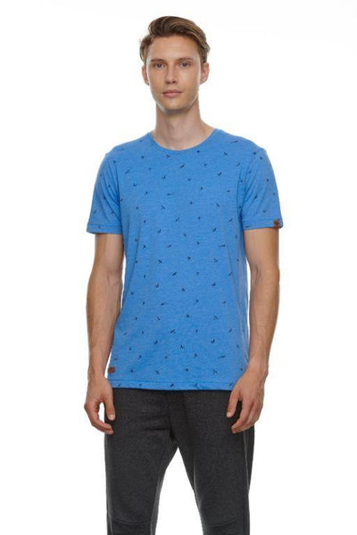 T-Shirt  bleu  50% coton, 50% polyester, col en rond, manches courtes, ave de léger motifs d'oiseaux couleur noir Rag Wear - Boutique Atmosphère , Boutique de vêtements Prêt à Porter pour Hommes et Femmes, Rivière-Rouge